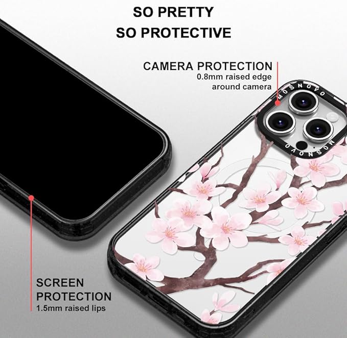 MOSNOVO Magnetic Case for iPhone 16 Pro Max, 10ft Military-Grade Protection, Compatible with Magsafe, Shockproof Phone Case for iPhone 16 Pro Max - Cherry Blossom - Clear Black