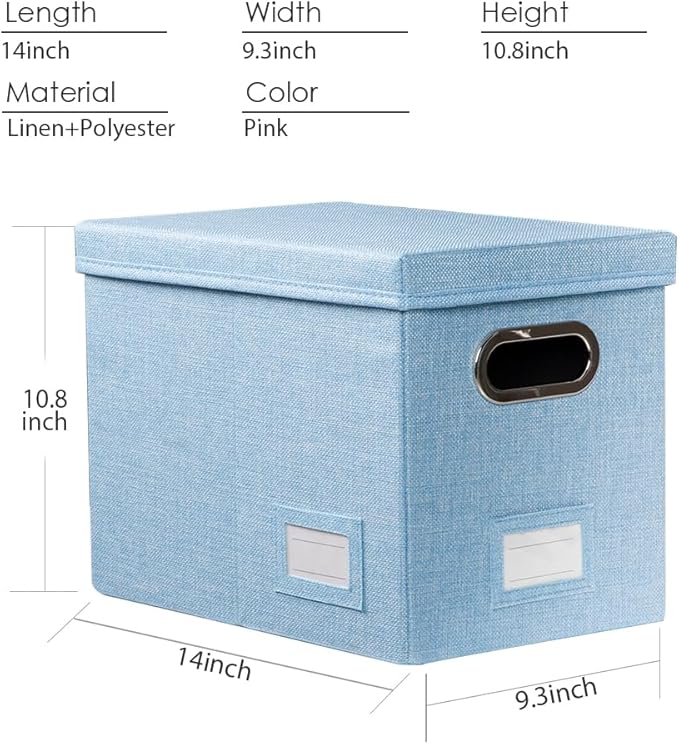PRANDOM File Organizer Box - Set of 4 Collapsible Decorative Linen Filing Storage Hanging File Folders with Lids Office Cabinet Letter Size Blue (14x9.3x10.8 inch)