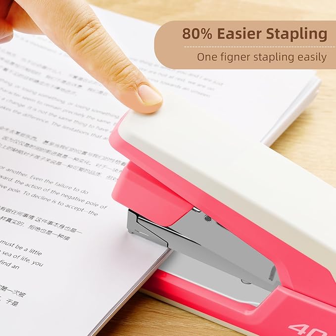 Deli Effortless Desktop Stapler, Heavy Duty Stapler, 40-50 Sheet Capacity, One Finger, No Effort, Includes 1500 Staples & Staple Remover, Rose
