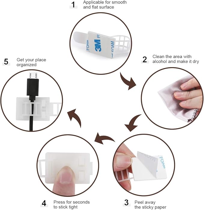 Adhesive Cable Management Clips, 50pcs Adjustable Nylon Cable Straps Wire Clips Clamps Organizer with Strong Adhesive Tape, Extra Screw & Hole for Strong Fixation Home Office - 3.55 Inch White
