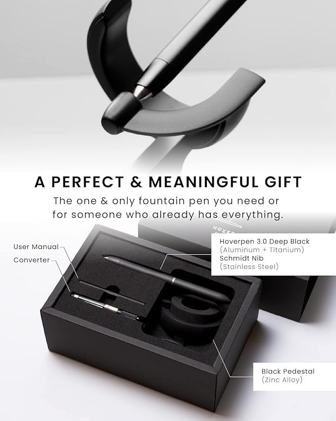 novium Hoverpen Future Edition - Luxury Metal Fountain Pen, Fine Nib, Futuristic Aesthetic, Free Spinning Executive Pen, Gift for Dad (Deep Black)