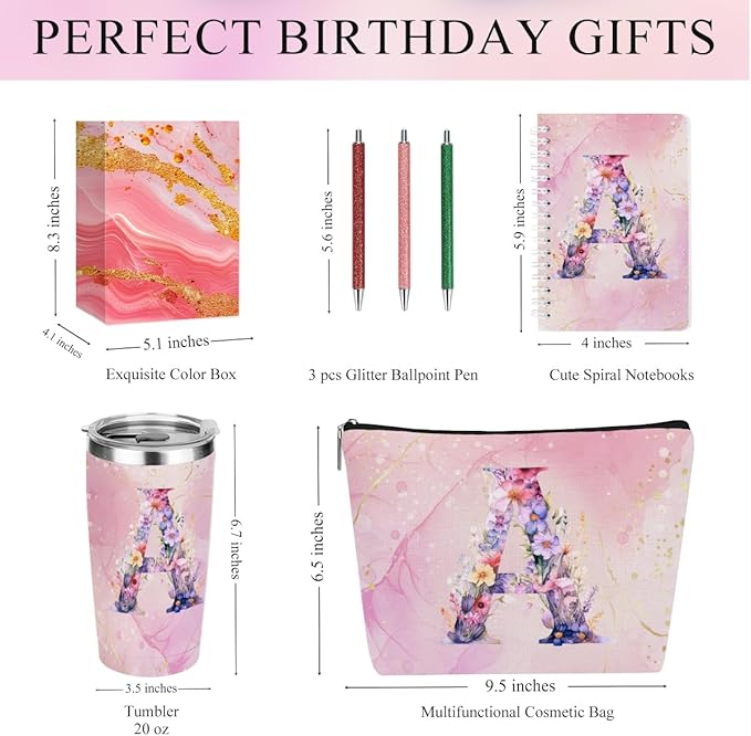 Personalized Gifts Monogrammed Birthday Gifts for Women, Bridesmaid Bachelorette Party Wedding Christmas Initial 20 oz Tumbler, Makeup Bag Pens Journal Notebook 6 Set, (Aesthetic Pink Flower A)