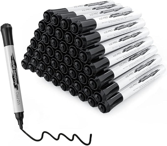 VIZ-PRO Dry Erase Markers, Bulk Pack of 50, Fine Bullet Tip Low-Odor Black Color Whiteboard Pens