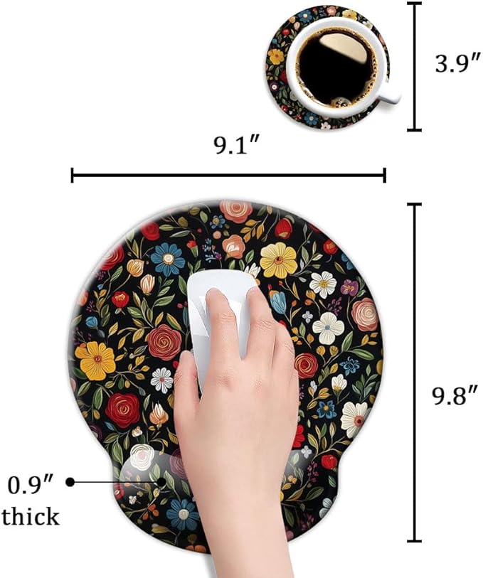 Ergo Comfort Gel Wrist Rest Mouse Pad-Ergonomic Office Mousepad with Wrist Support-Non-Slip, Design Desk Accessories Mat for Home&Game Decor Black Floral