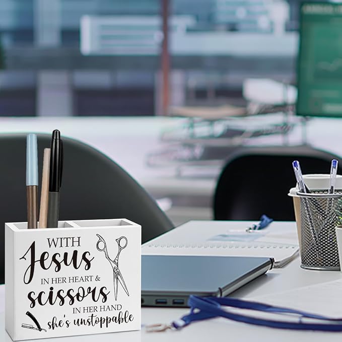 Hairstylist Gifts, Hairdresser Gift for Women Men Friend Employee Rustic with Jesus in Her Heart and Scissors in Her Hand Wooden Box Holder Home Hair Salon Barbershop Decor