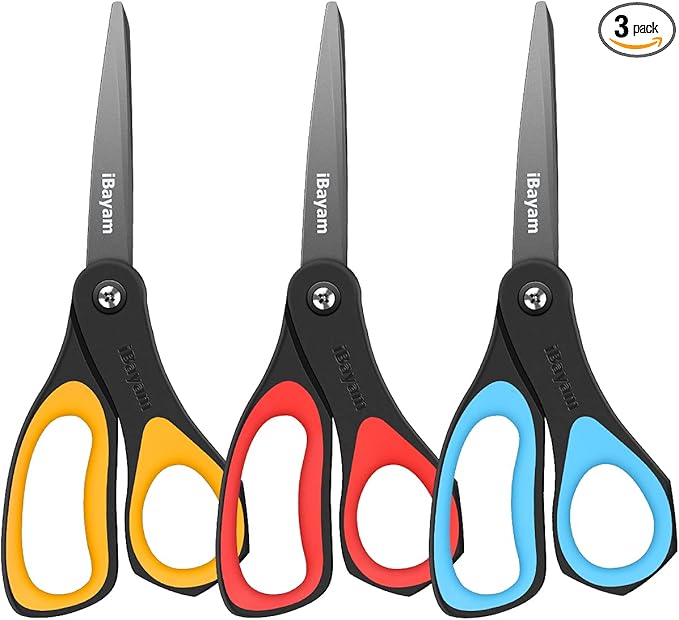 Scissors, iBayam 3 Pack 8" All Purpose Nonstick Scissors, 2.5MM Thickness Titanium Blades with Comfort Grip, Heavy Duty Shears for Office School Home Classroom General Use Art and Craft DIY Supplies