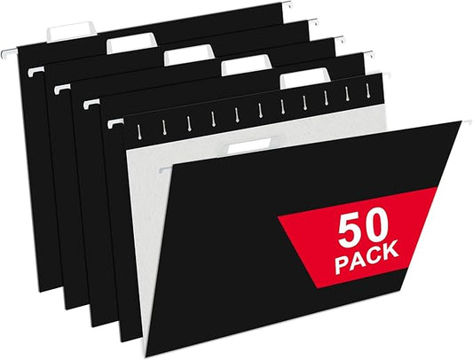 Black Hanging File Folders,50 Packs Letter Size File Folder,Designed for Bulky Files,Filing Cabinet,1/5 Adjustable Tabs for Office,School,Home