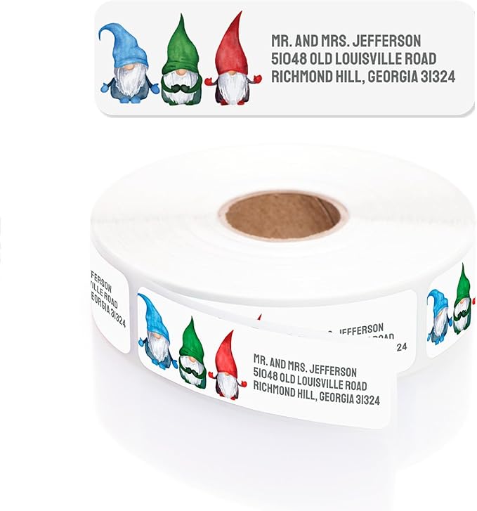 Watercolor Gnome Trio Rolled Address Labels / 250 Personalized Return Address Labels/Designer Address Stickers in Elegant Plastic Dispenser