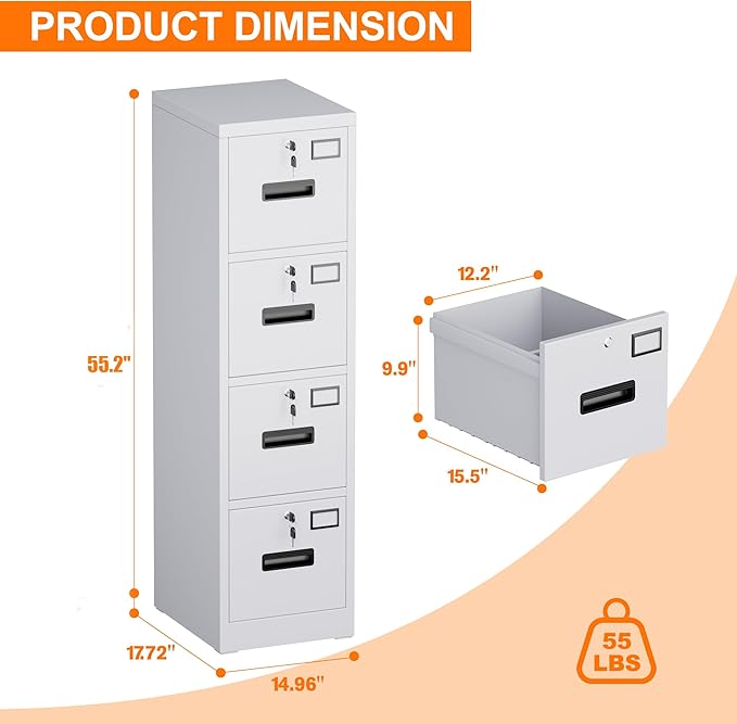 4 Drawer File Cabinet, Metal Vertical Office Filing Cabinet with 4 Drawers, Name Card Holder for A4 Letter/Legal Size, Assembly Required