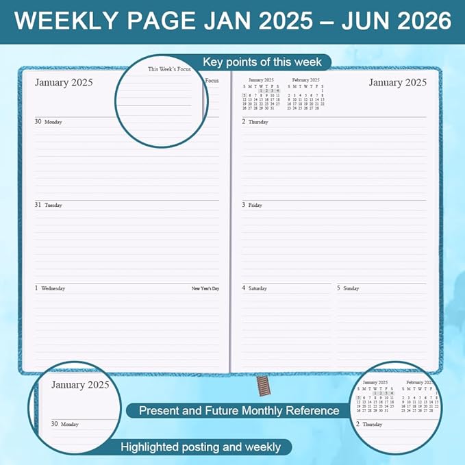 Planner 2025-2026 - 18 Months Academic Planner 5.8" x 8.5", 2025-2026 Weekly & Monthly Agenda with Pen Holder, Vegan Leather Hard Cover, Blue