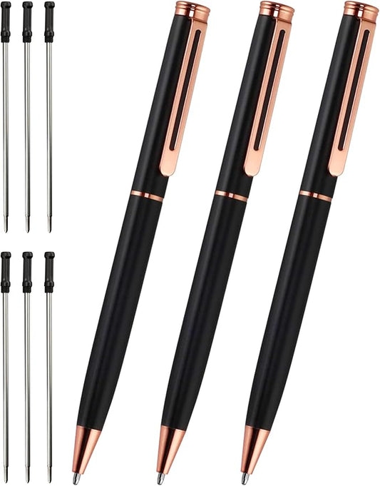 Cambond Ballpoint Pens Black Pen - Bulk Metal Pen Black Ink 1.0 mm Medium Point Rose Gold Pens for Men Women Police Uniform Office Business, 3 Pens with 6 Refills (Black)