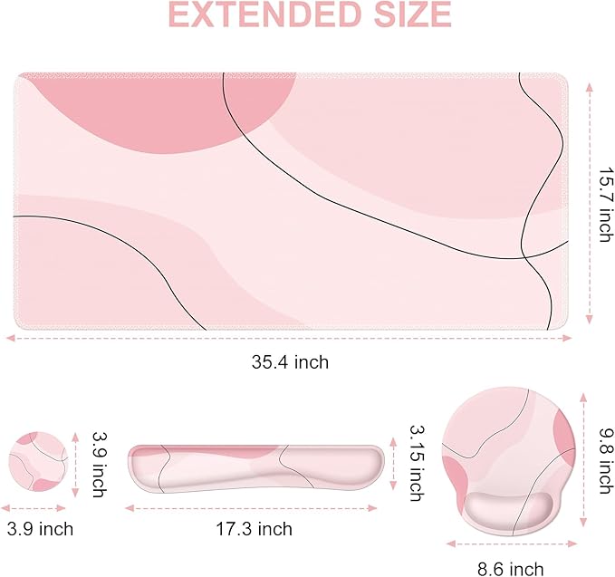 iCasso Large Gaming Mouse Pad Wrist Support Set, Desk Mat, 4in1 XXL Mousepad + Keyboard Wrist Rest+Mouse Wrist Rest+Coaster Set with Ergonomic Design for Home Office Table Computer-Pink Art