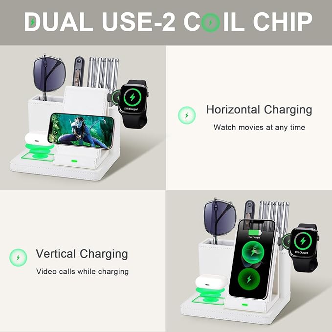 Leather Desk accessories Pen Holder with 3-in-1 Wireless Charger for Phone, Earbuds, Watch Multifunctional Desktop Phone Stand for Office and Home,birthday gifts,gifts for him (white)