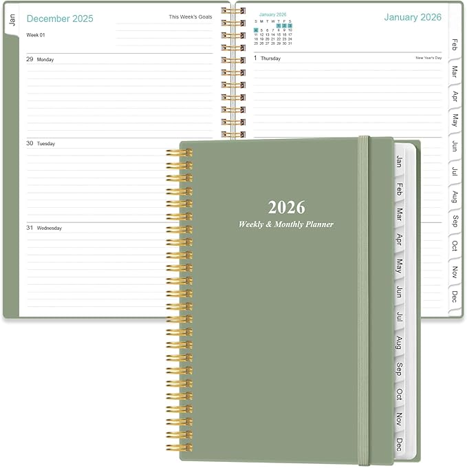 2026 Planner - Planner 2026 from January 2026 - December 2026, Weekly & Monthly Planners Spiral Bound with 12 Monthly Tabs, Inner Pocket, 6.4" x 8.5", Green