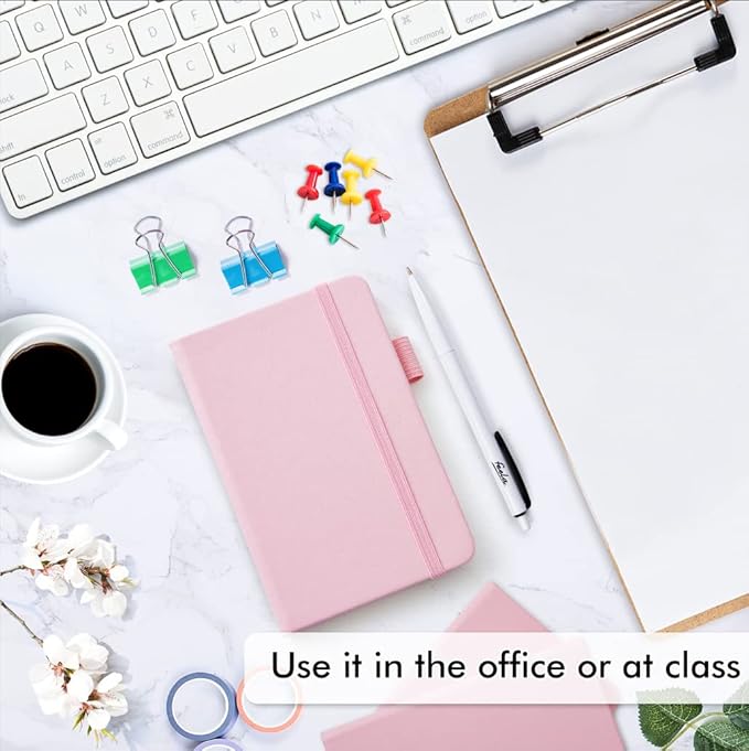 feela 6 Pack Pocket Small Notebooks Bulk, Mini Cute Memo Notepads Hardcover College Ruled Lined Journals with Pen Holder for Women Girls Office School, with 6 Black Pens, 3.5”x 5.5”, A6, Rose Pink