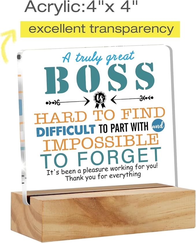 Appreciation Boss Gifts for Men & Women - Acrylic Desk Plaque Sign with Wood Stand - Boss Day, Leaving, Retirement Keepsake