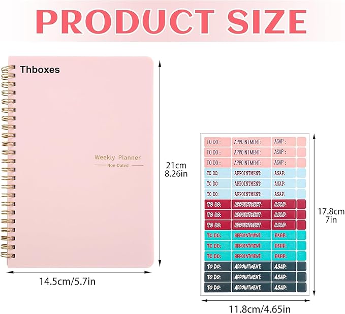 Undated Weekly Planner with Habit Tracker, 52 Weeks To Do List Notebook A5 Weekly Goal Planner with Spiral Binding & Stickers Home Work School Supplies for Women Girls 8.2" x 5.7" - Pink