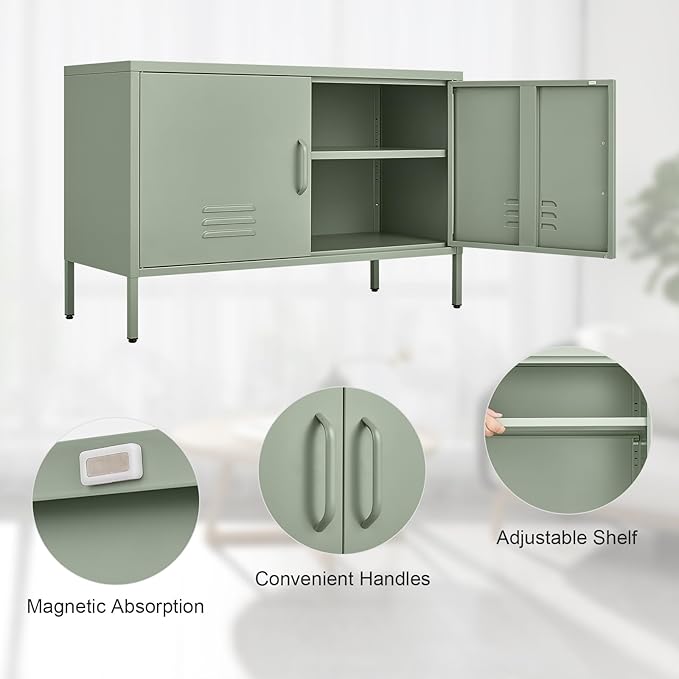 Metal Storage Cabinet,Short TV Cabinet with Storage,Modern TV Stands for Bedroom,Classroom,Green