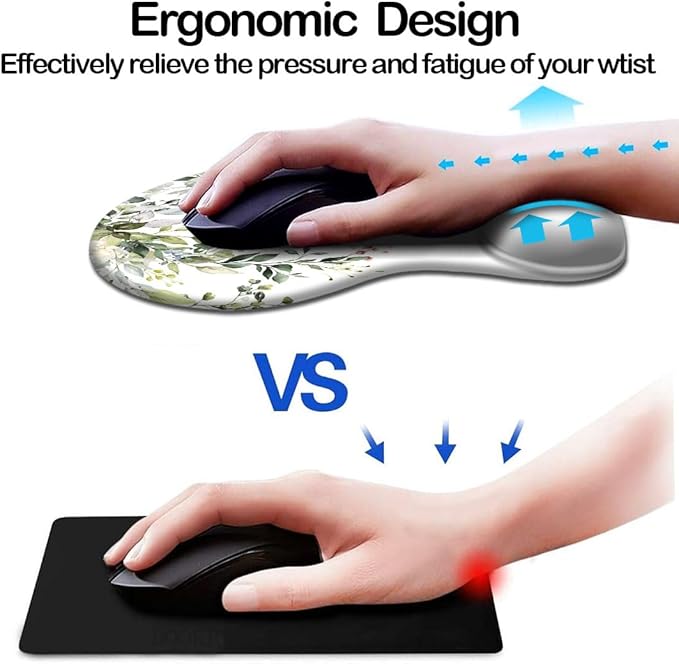 Ergonomic Mouse Pad with Wrist Support and Coaster,Mouse Pads with Non-Slip PU Base for Home Office Working Studying Easy Typing & Pain Relief Watercolor Leaves