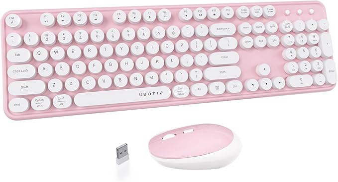 UBOTIE Colorful Computer Wireless Keyboard Mouse Combos, Typewriter Flexible Keys Office Full-Sized Keyboard, 2.4GHz Dropout-Free Connection and Optical Mouse (Pink-White)