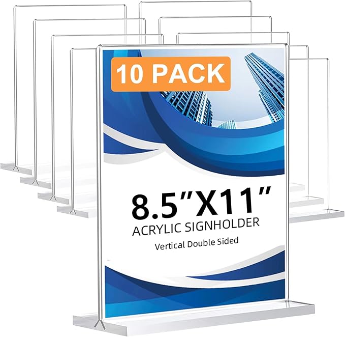 10 Pack Acrylic Sign Holder 8.5 x 11, Double-Sided Clear Sign Holder Plastic Stands for Display, T Shape Acrylic Table Sign Stands for Office Store Restaurants Wedding Party Decoration