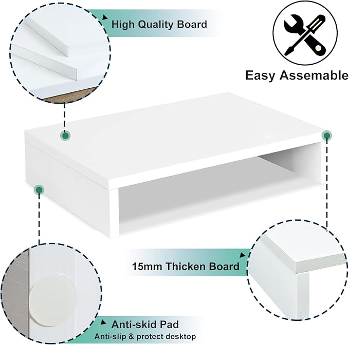 TEAMIX 14.2 inch White Monitor Stand Riser, Wood Monitor Riser with Storage for Desk Small Monitor Stand TV/Screen/PC/Laptop Riser Computer Stand Desktop Shelf (White-14.2 inch)