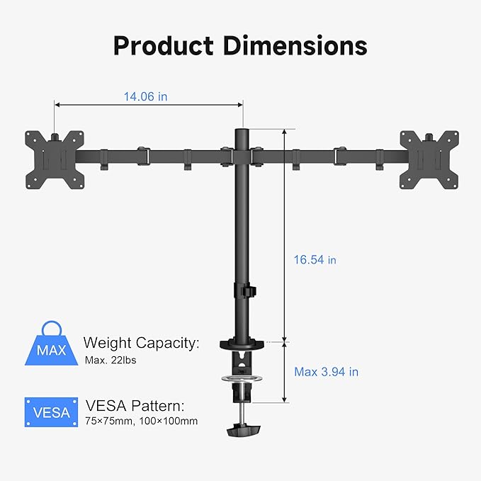 Pholiten Dual Monitor Stand, Heavy Duty Adjustable Monitor Arm Desk Mount for 2 Screens up to 32 Inches, Tilt, Swivel, Rotate, Supports Tilt, Swivel, Rotate, Supports 22 lbs per Monitor Arm