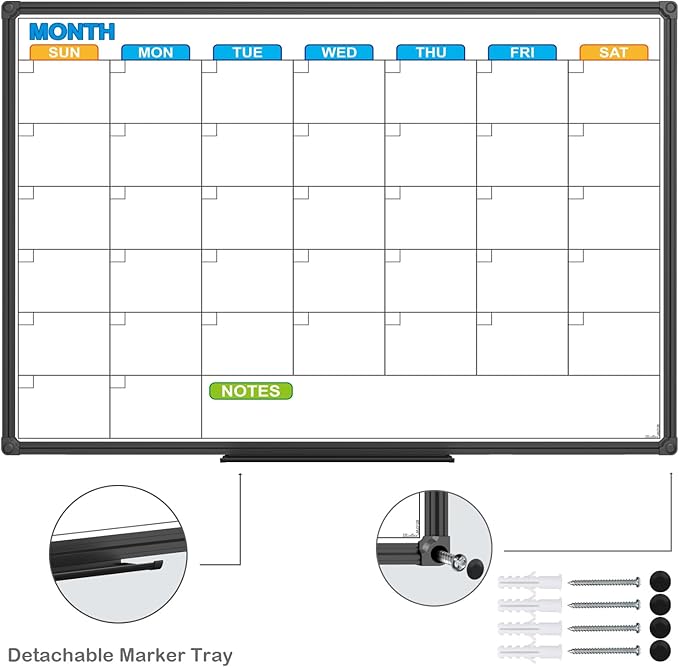 JILoffice Dry Erase Calendar Whiteboard - Magnetic White Board Calendar Monthly 24 X 18 Inch, Black Aluminium Frame Wall Mounted Board for Office Home and School