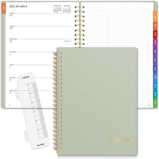 SUNEE 2026 Weekly and Monthly Planner - January 2026-December 2026, 6.4" x 8.3" Half Weekly Half Note, Daily Agenda Planner with PVC Waterproof Cover, Monthly Tab, Note, Pockets, Bookmark, Green