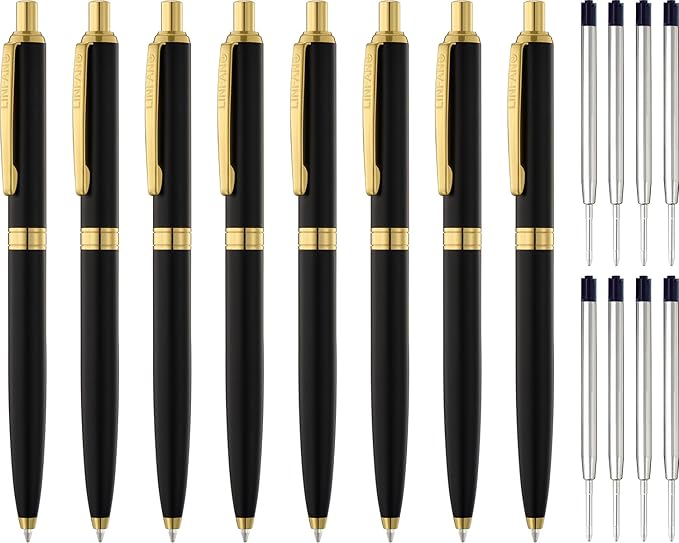 LINFANC 8 Pack Ballpoint Pens, Premium Retractable Metal Ballpoint Pen, Medium Point 1.0mm Black Ink Pen for Home School Work Office Supplies, Matte Black with Gold Trim, Extra 8 Refills