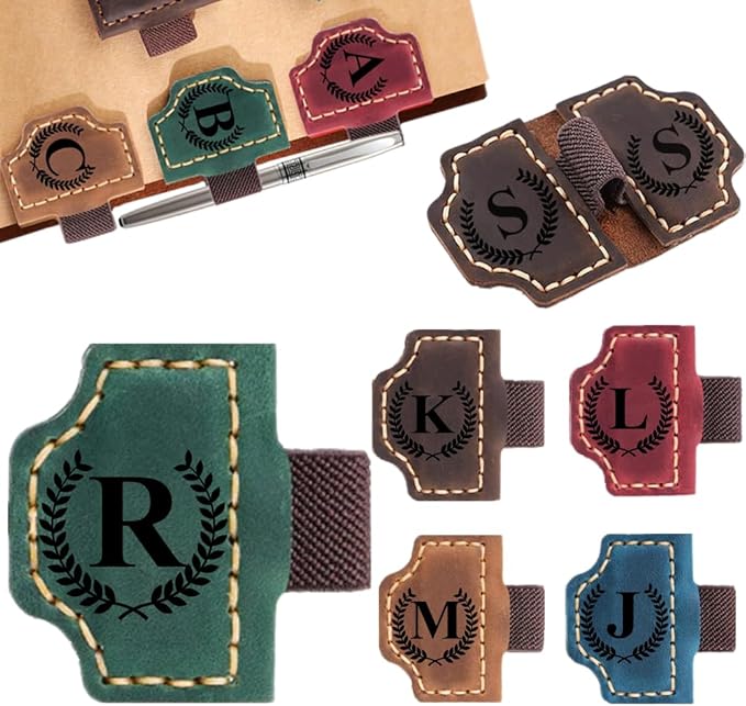 Custom Bookmark with Pen Holder with 26 Letters Personalized Magnetic Leather Book Mark, Customized Name Book Marker Clip with Initial for Men Women, Gifts for Book Lovers, Readers, (Green, R)