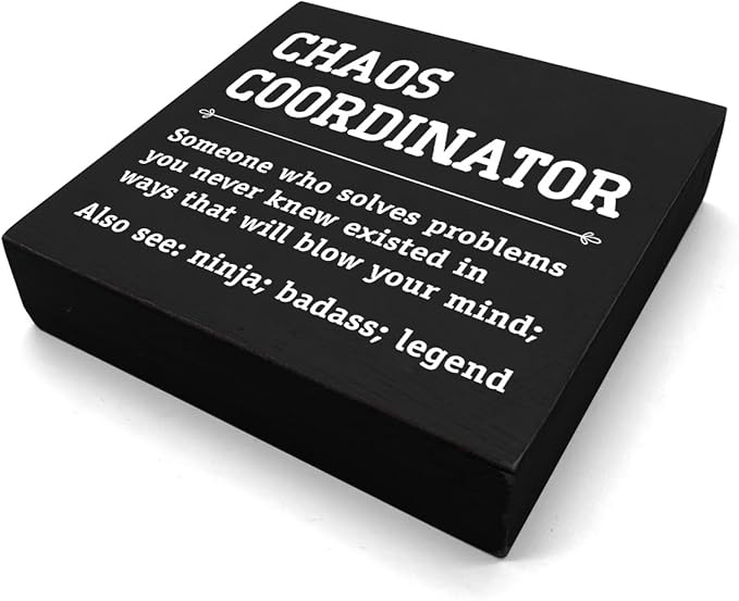 HTBIG Chaos Coordinator Thank You Gifts Office Decor Funny Motivational Desk Decor Gifts for Coworkers Boss Manager Appreciation Rustic Wooden Box Sign for Table top Office Bookshelf Black