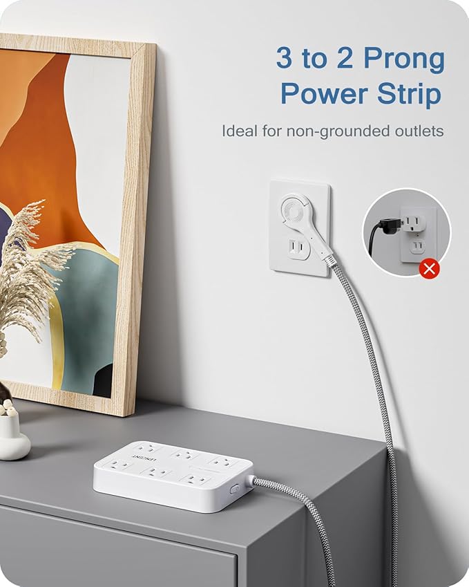 LENCENT 2 Prong Power Strip, 3 to 2 Prong Outlet Adapter, Surge Protector with 10ft Braided Extension Cord with Thin Flat Polarized Plug, 6 AC & 4 USB (1 Type-C), Wall Mount for Non-Grounded Outlet
