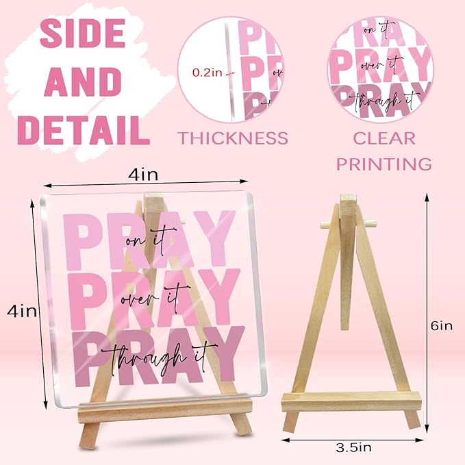 Pink Office Desk Accessories Acrylic Decor Sign, Dorm Room Decor for Women, Inspirational Christian Gifts- Pray on It- Bible Verse Desk Art, Include A-Shaped Wood Display Easel