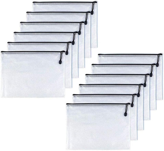 Oaimyy-A5(9"x 7",12 Pcs),Plastic Mesh Zipper Pouch Document Folders Bag & Zip File Folders for School Office Supplies, Travel,Puzzles Games Organizing Storage-Black