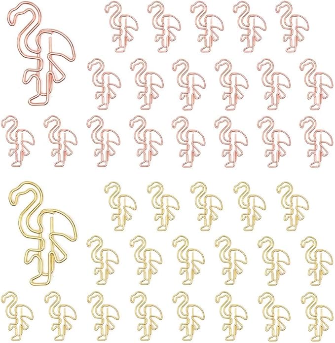 OWLFAVO 40pcs Flamingo Shape Paper Clips with Clear Box, Rose Gold and Yellow Gold, Funny Cute Paperclips Bookmarks Planner Clips for Fun Office Supplies School Gifts Wedding Decoration