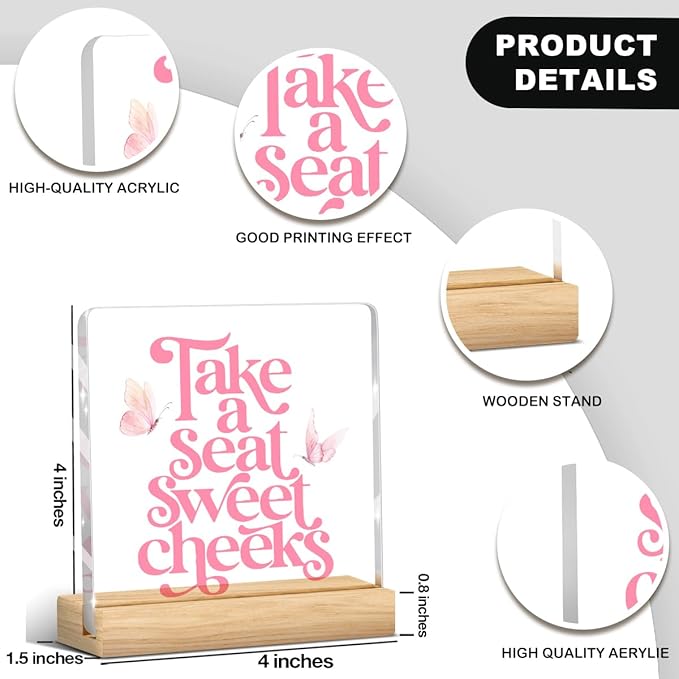 Funny Pink Bathroom Decor Preppy Take A Seat Sweet Cheeks Sign Bathroom Toilet Table Acrylic Sign Plaque Table Decorations for Home Toilet Washroom