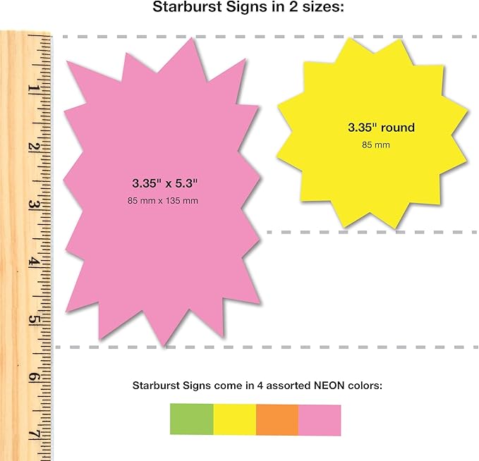 80 pcs Starburst Signs NEON Star Shaped Blank Sale Tags in 2 Sizes for Retail Sales, US Made Card Stock Punch Out Signs Ideal for Garage Sale Yard Sale Bulletin Board Decorations, Party Name Tags