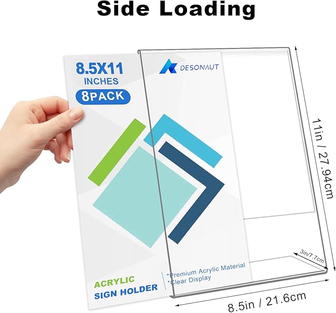 8 Pack Acrylic Sign Holder 8.5x11 inches, Plastic Clear Sign Holder with Vertical Slanted Back, Picture Photo Flyer Document Paper Frames Display Stand