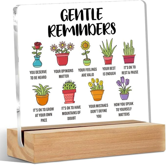 Gentle Reminders Acrylic Sign Decor, Positive Affirmations Desktop Art Decorations for Home Therapy Office, Cute Potted Plants Acrylic Plaque, Shelf Cubicle Decor for Therapy Desktop Art Decoration