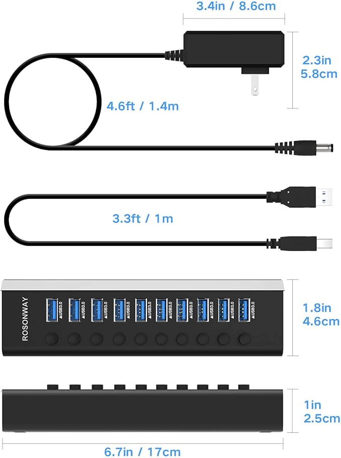 Powered USB Hub, Rosonway Aluminum 10 Port USB 3.0 Data Hub with 36W (12V/3A) Power Adapter and Individual On/Off Switches USB Splitter(RSH-A10)
