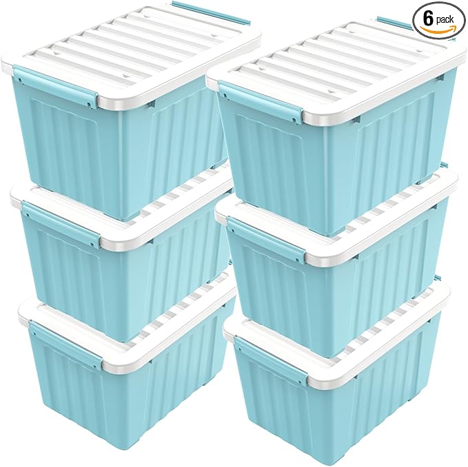 Nazhura 97 Quart Plastic Storage Bin, Stackable and Nestable Storage Boxes with White Lids and Secure Latching Buckles, Large Storage Container (Blue, 97Quart-6Pack)