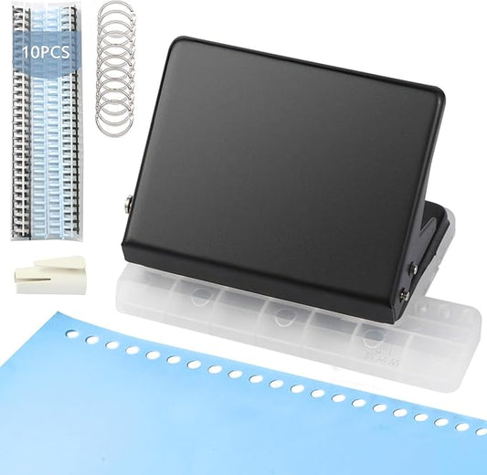 10 Hole Punch Binding Machine for Planner, Metal Binder Machine Kit with 10Pcs Plastic Comb Binding Spines & 30Pcs Loose Leaf Binder Rings, Binder Hole Puncher for A4, A5 and B5 Paper