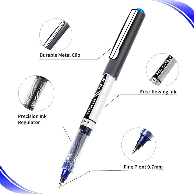 EYEYE Blue Rollerball Pens 0.7mm, 25 Pack Liquid Ink Roller Ball Pen Medium Point Quick Dry, Blue Ink Pens Fine Point Smooth Writing Pen for Journaling, Note Taking, Office, School Supplies