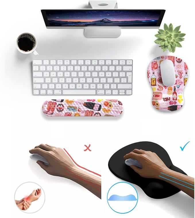 Cute Pink Mouse Pad and Keyboard with Wrist Rest Ergonomic Aesthetic Gaming Mouse Pads, Best Desk Decor Office Cute Pink Desk Accessories Mouse Pad with Wrist Rest, Vacation Style Soft Gel Material