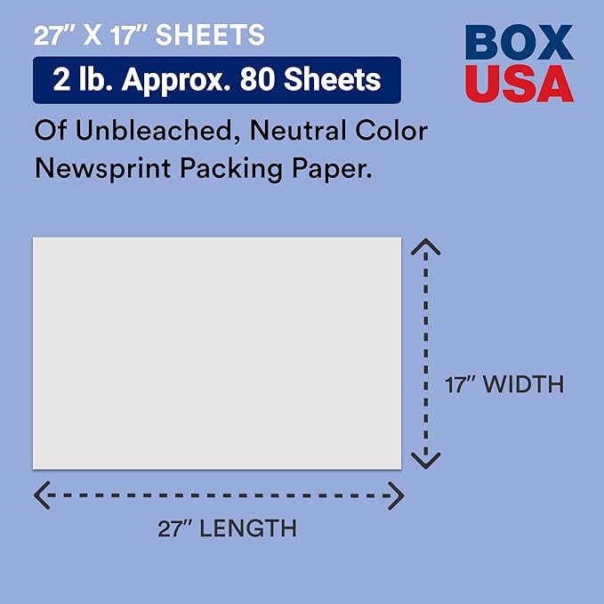 BOX USA Newsprint Packing Paper Sheets 80 Sheets (2 lbs.) Pre-Cut 27" x 17" Large Packing Paper Sheets for Moving, Shipping & Storage, Perfect Moving Supplies