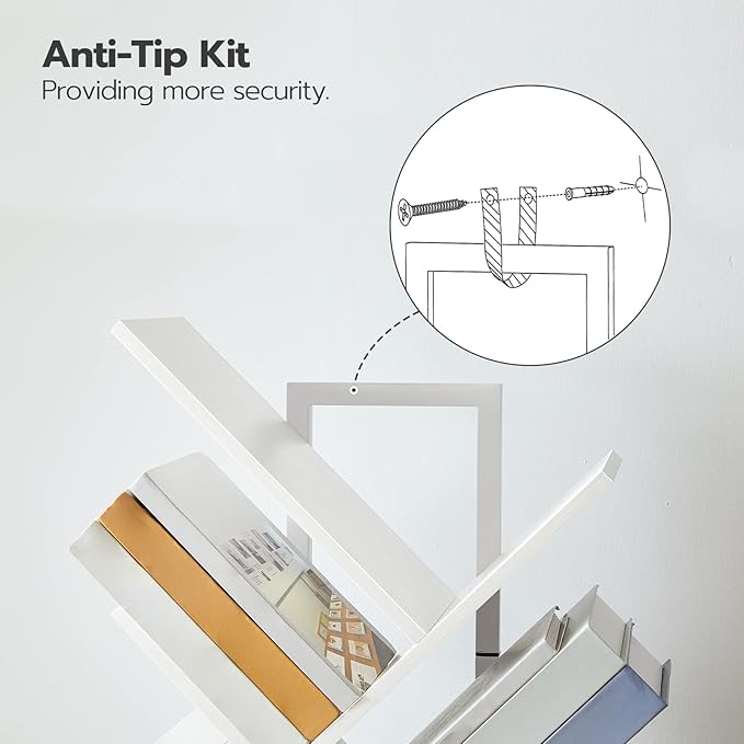 HOOBRO Tree Bookshelf, 9-Tier Bookcase Wooden Shelves, Floor Standing Storage Rack, for Display of CDs, Books in Living Room, Home Office, Wood Storage Rack for Bedroom, White WT08SJ01G1