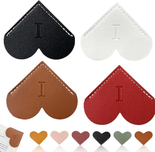 Personalized Leather Heart Bookmark, 26 Letters Customized Corner Book Mark for Reading, Book Holder Markers with Initials Page Book Accessories Cute Gifts (Black+White+Dark Brown+red,I)