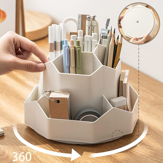 Rotating Art Supply Storage Organizer,Pencil Holder with 9 Compartment, Pen Storage Organizer, for Kids Art Desk, Homeschool Supplies, Home Office Desktop Organizer(White)