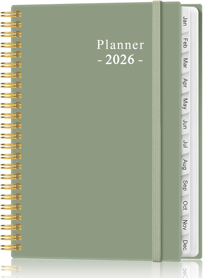 2026 Planner - Planner 2026 from January 2026 - December 2026, Weekly & Monthly Planner Spiral Bound with 12 Monthly Tabs, Inner Pocket, 6.4" x 8.5", Green-E